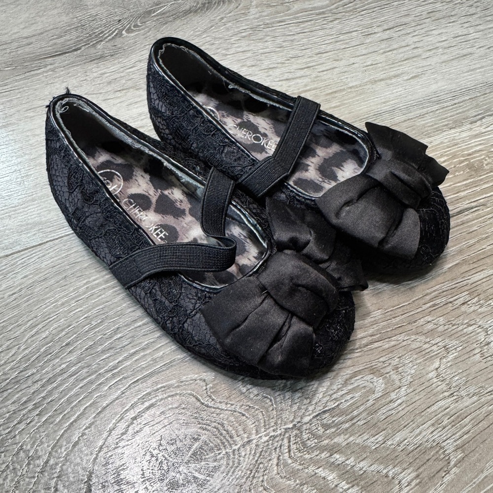 Cherokee Girls Black Lace Mary‎ Jane Ballet Flats with Satin Bow Size 6 Toddler